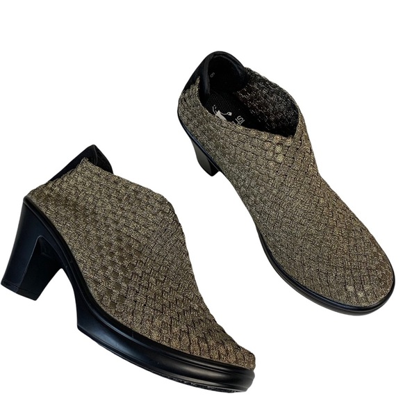 CORKYS Metallic Gold/Bronze & Black Woven Stretch Hot Heels Ankle Booties 8 - Picture 2 of 14